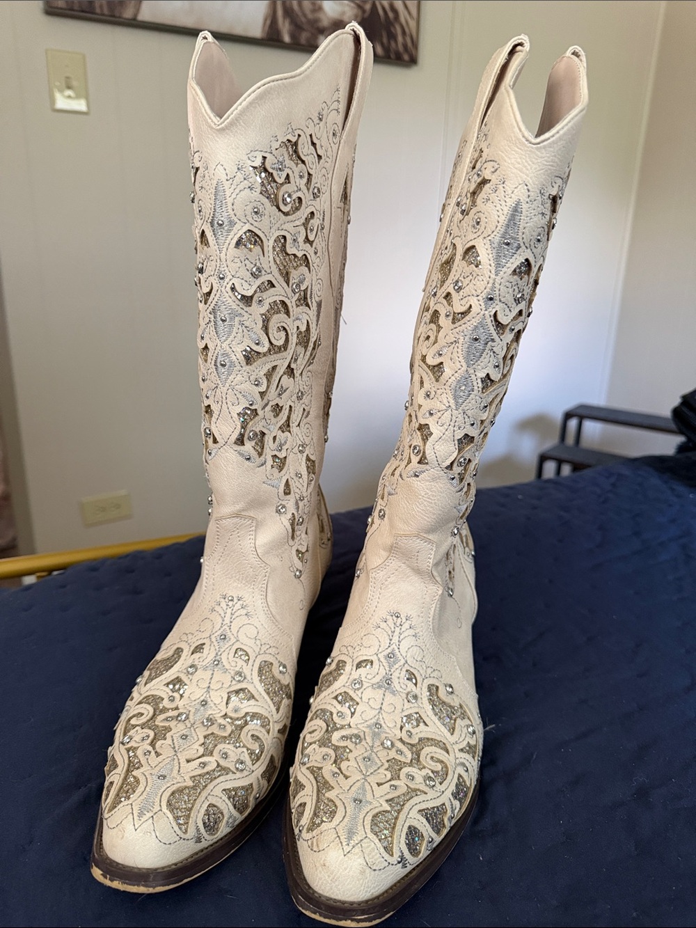 Embellished Cream Heeled Women's Western Boots